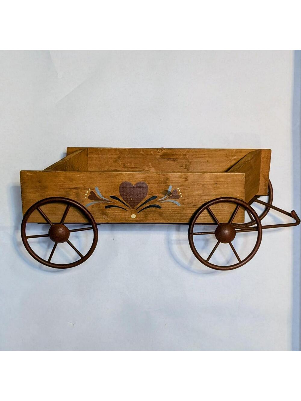 Vtg Homco Wood Wagon Wall Pocket Planter, Cast-Iron Wheels & Heart Design